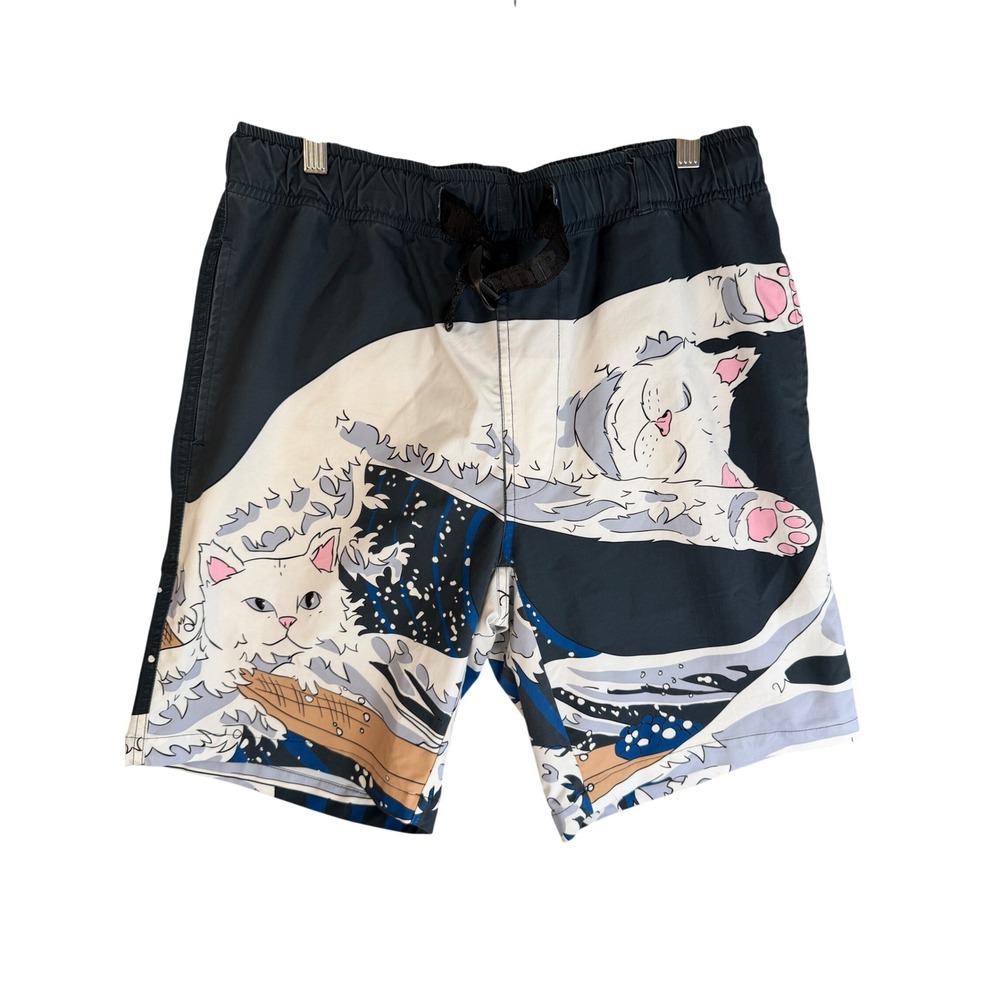 RIPNDIP Lord Nermal Great Wave Swim Shorts Mens M Black Cat Graphic Skate Surf